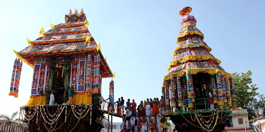 Devotees celebrating a festival near the Marudhamalai Temple.