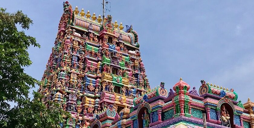 The beautiful exterior of the temple in Tamil Nadu which is an example of architectural marvel.