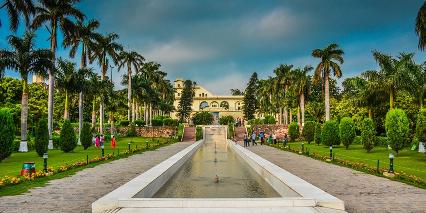 Beautiful terraced gardens with fountains and lush greenery in Pinjore, Haryana.