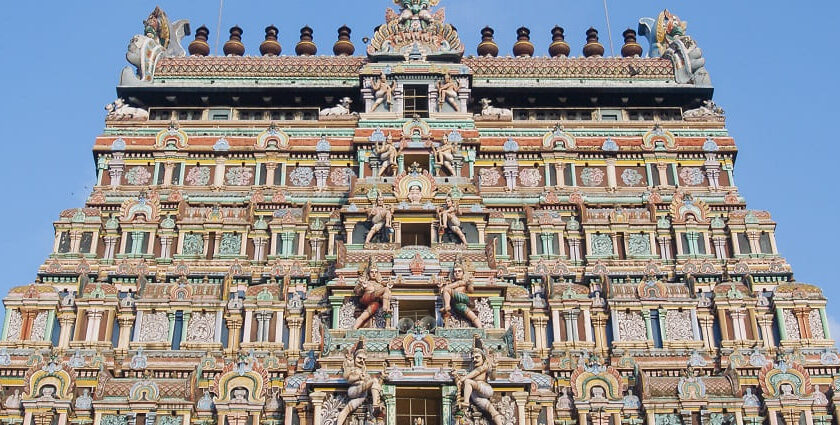 The spectacular view of a temple in Tamil Nadu with intricate details.