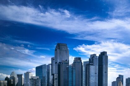 A scenic view of towering skyscrapers, buildings, and bright blue skies in Indonesia.