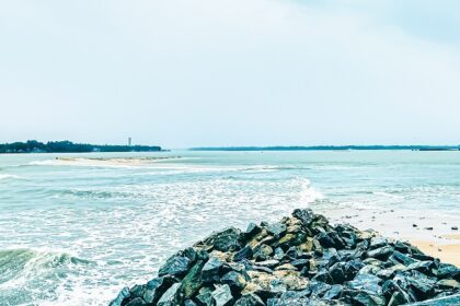 A scenic view of Kodi Beach, showcasing a shoreline scattered with colourful sea shells.