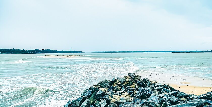 A scenic view of Kodi Beach, showcasing a shoreline scattered with colourful sea shells.