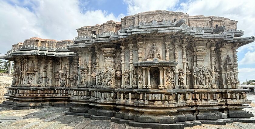 A low-angle shot of Belur Temple during a cloudy day for every traveller to visit.