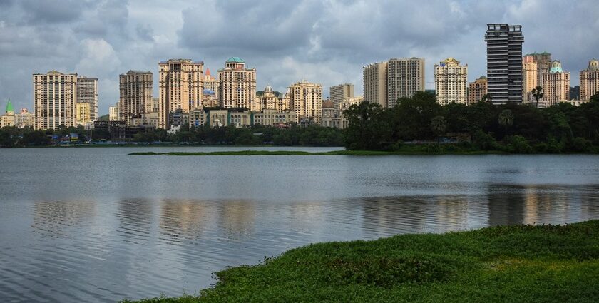 A serene picture of Borivali East, showcasing shops, buildings, and bustling urban life.