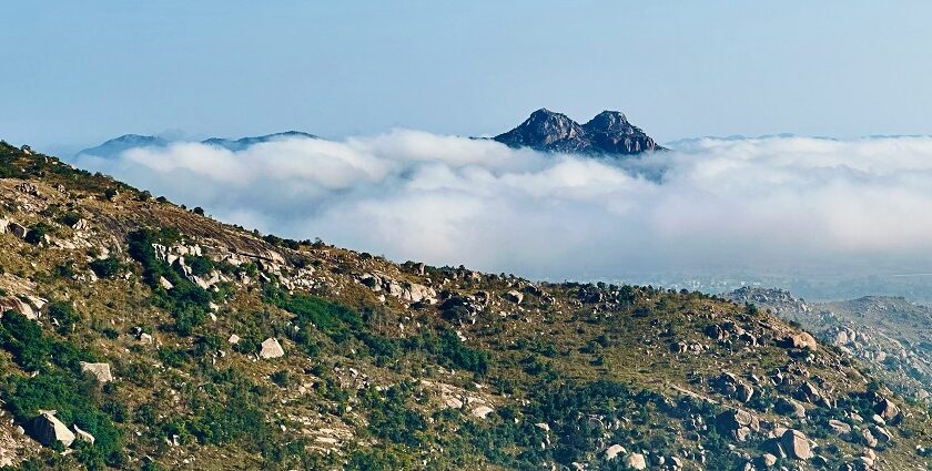 An astonishing view of the towering lush green mountains and blue skies of Karnataka.