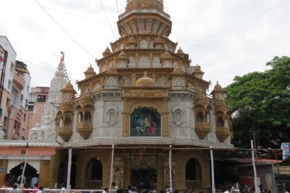 A serene view of Dagdusheth Ganpati Temple in Pune, showcasing its stunning architecture.