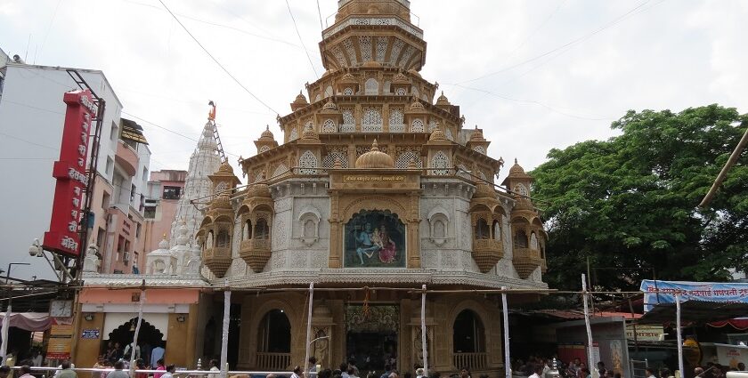 A serene view of Dagdusheth Ganpati Temple in Pune, showcasing its stunning architecture.