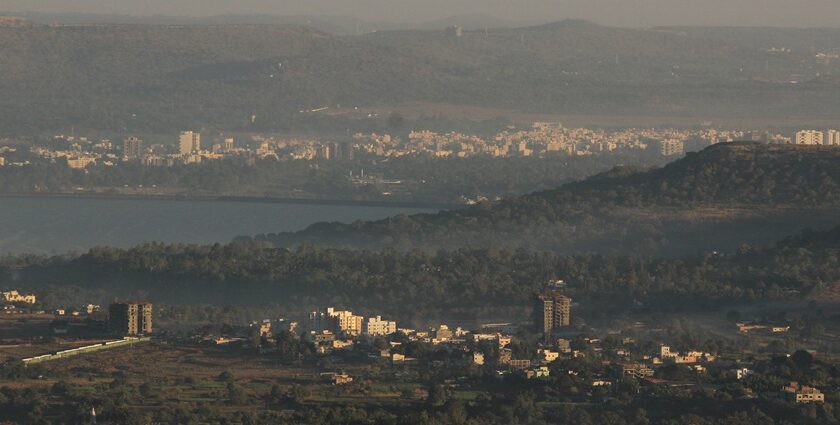 An aerial picture of the Pune city skyline, offering a beautiful landscape view.