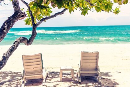 Chaise lounges under a tree on the beautiful tropical beach with white sand in Bali.