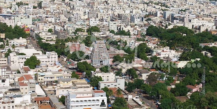 A picture capturing the aerial view of Karur featuring many white houses and trees.