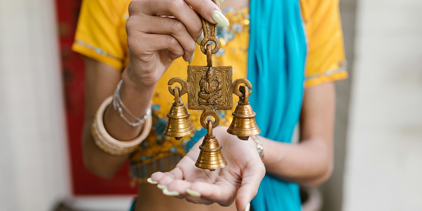 Beautiful bells with carving of Lord Ganesha at Pragatheeswarar Temple in Tanjore