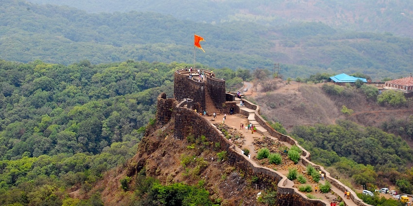 Pratapgad Fort, a historic tourist attraction near Sawatkada Waterfalls, India.