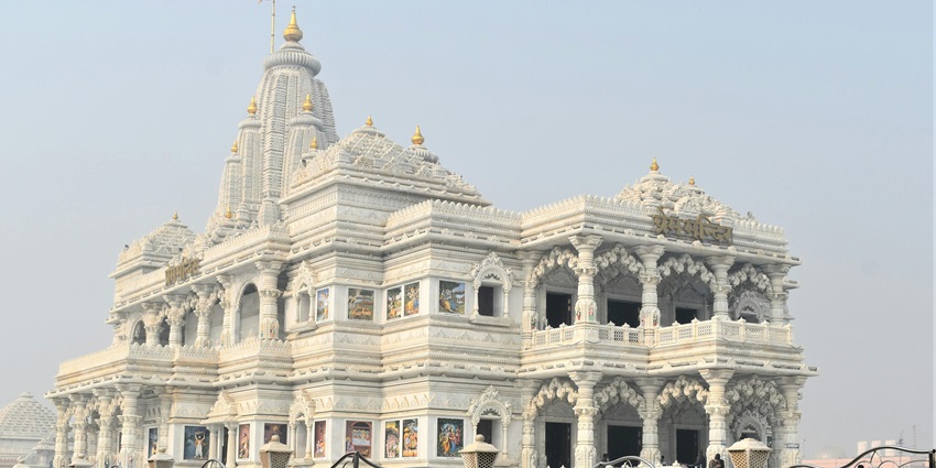 The mesmerising Prem Mandir illuminated with ambient lighting during nighttime