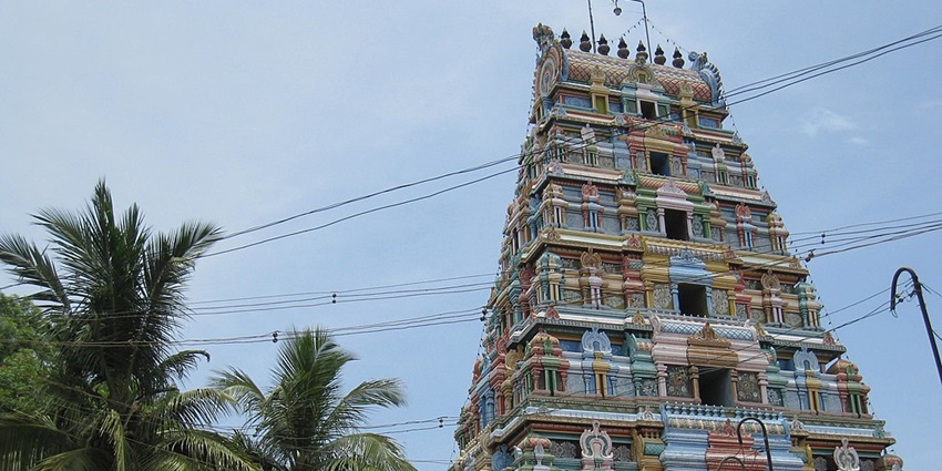 An image of Punnainallur Mariamman Temple that displays intricate architectural skills.