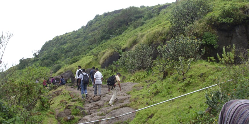 People trekking to the hills of Purandar Fort with rocky terrain and green surroundings.
