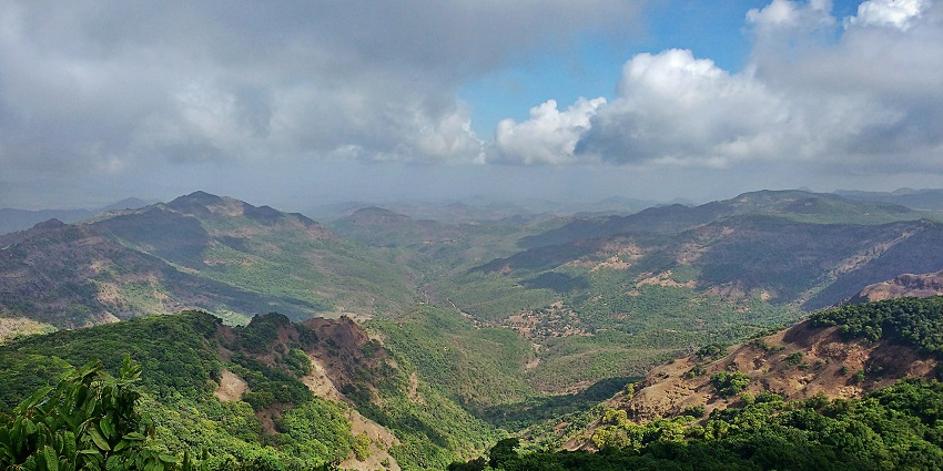 A view of Radhanagari Wildlife Sanctuary with dense forests and hills in Maharashtra.
