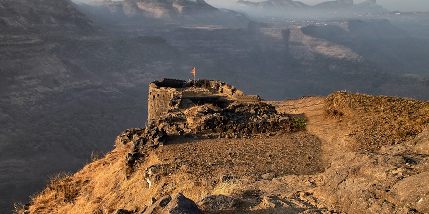 Rajmachi Fort and the view of Sahyadri mountains from the top of the scenic valley.