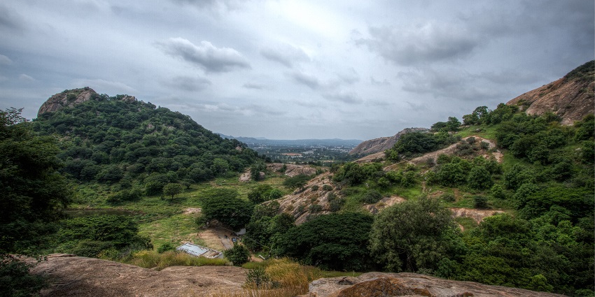 Scenic view from the hills at Ramanagara covered with dense greenery