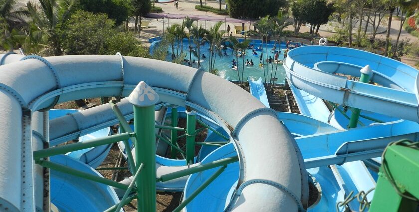 A view of vibrant slides and pools at Ramuji Water Park Jabalpur.