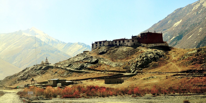 Rangdum Monastery in Zanskar, India, surrounded by stunning mountain scenery.