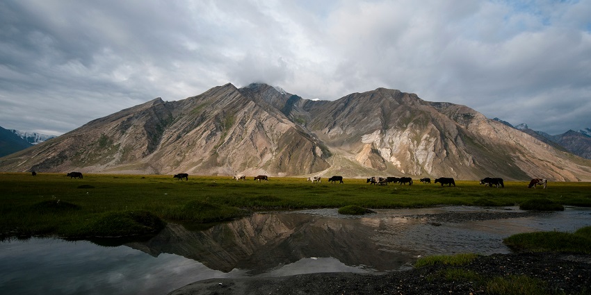 A scenic view of majestic mountains, shimmering blue waters and grounds of Rangdum.