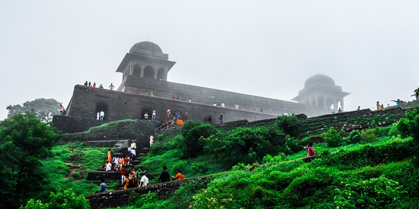 View of Rani Roopmati Pavilion in monsoon season, a famous tourist destination.