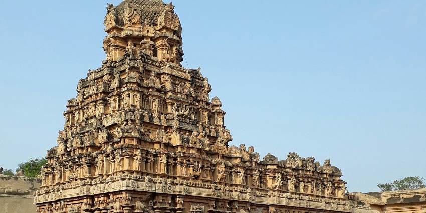 The facade of an important Ravana temple in Tamil Nadu with beautiful architecture and carvings.