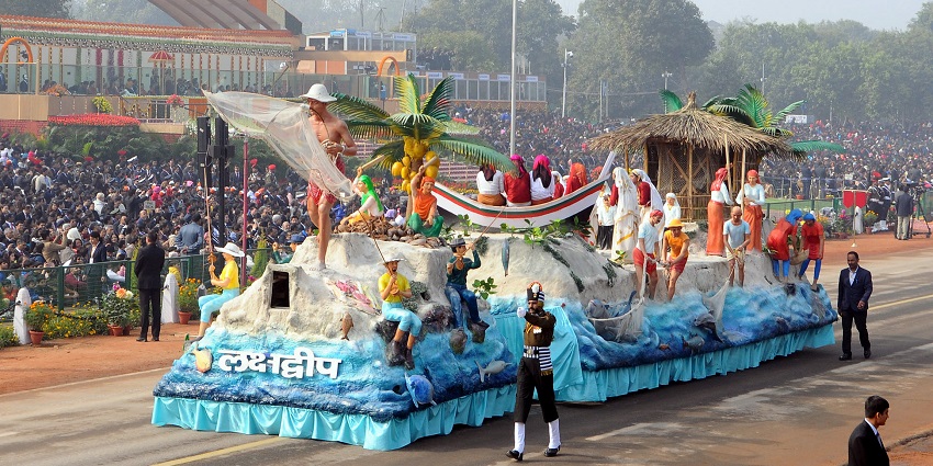 An image of a tableau of Lakshadweep on Republic Day - one of the festivals in Lakshadweep.