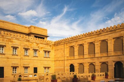 View of inside the Samangad fort building with the blue sky in the background