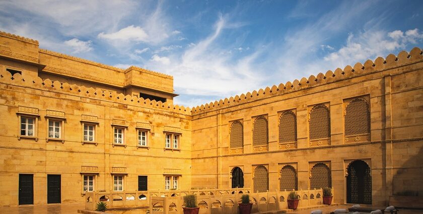 View of inside the Samangad fort building with the blue sky in the background