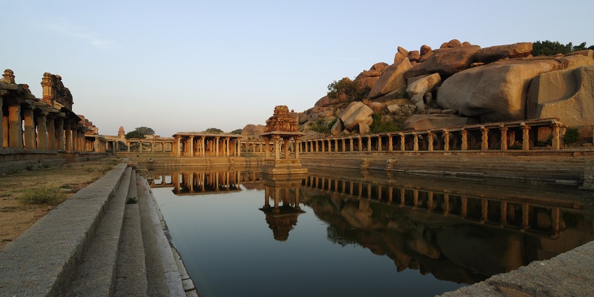 The intricate architecture of Pushkarani, one of the holy places to visit near Davangere.
