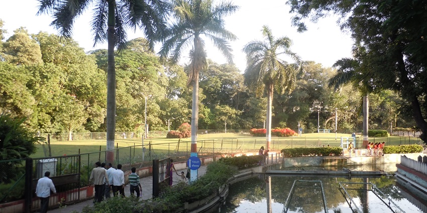 Image of Saras Bagh in Pune surrounded by lush greenery and people strolling around