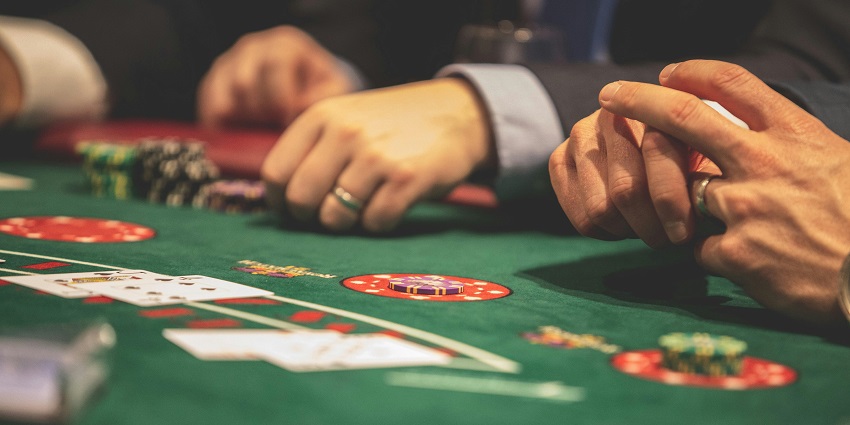 Poker chips and cards for the game.