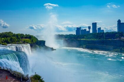 A breathtaking view of the waterfall, showcasing the powerful water cascading down.