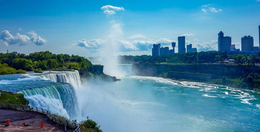 A breathtaking view of the waterfall, showcasing the powerful water cascading down.