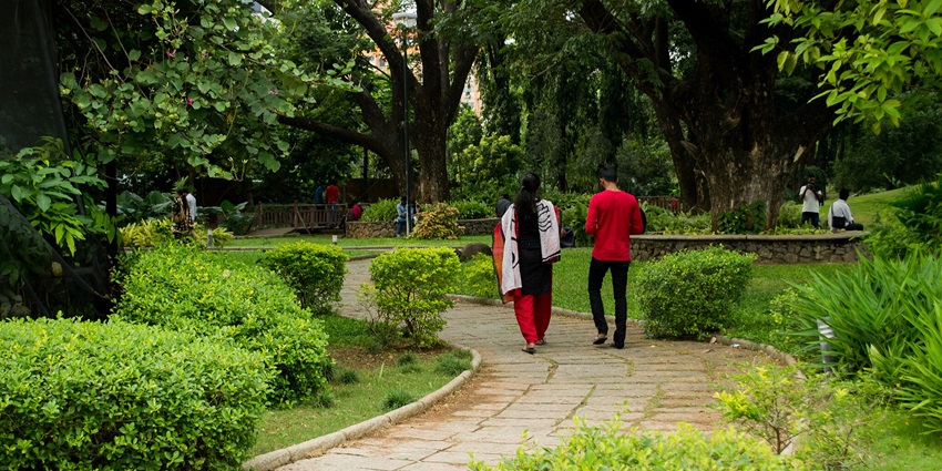 A couple taking a stroll at the botanical garden called Semmozhi Poonga in Chennai.