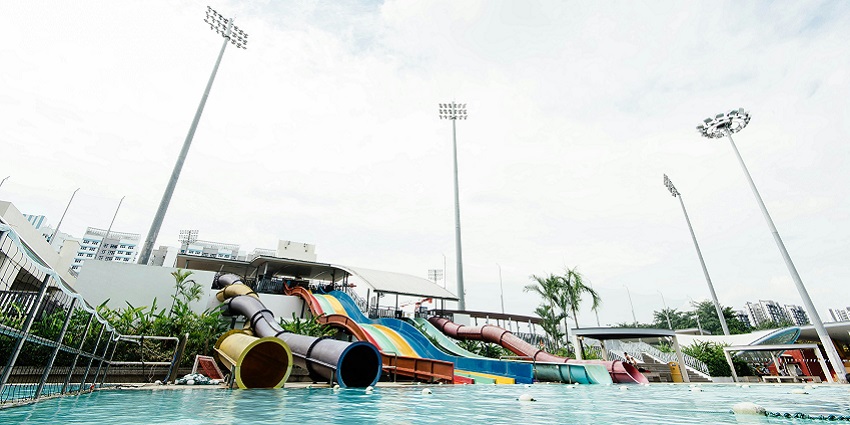 Children enjoy colourful water slides at one of the top water parks in Matheran.
