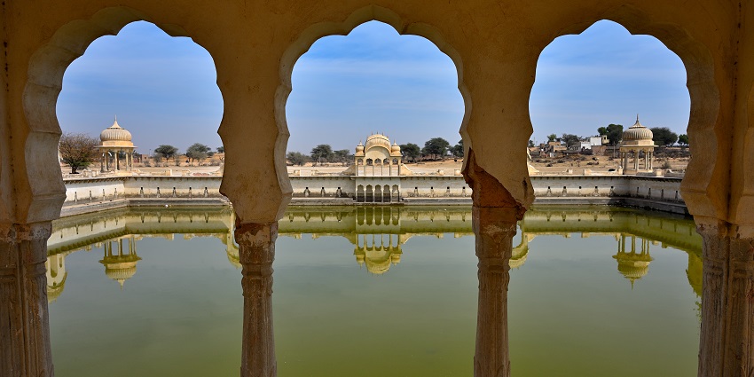 Reserved water at the historical stepwell in Sethani Ka Johara with unique architecture.