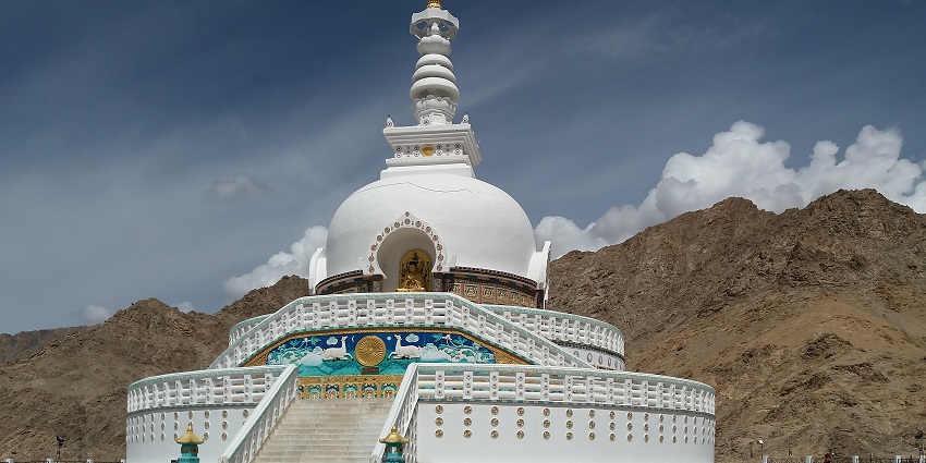 Image of Shanti Stupa with beautiful architecture and lord Buddha statue in the centre