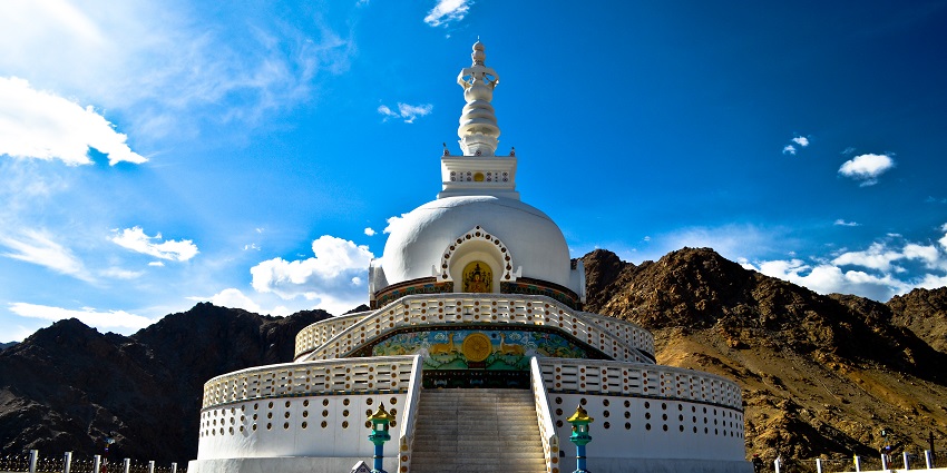 Camping in Leh overlooking the extravagant architecture of Shanti Stupa.