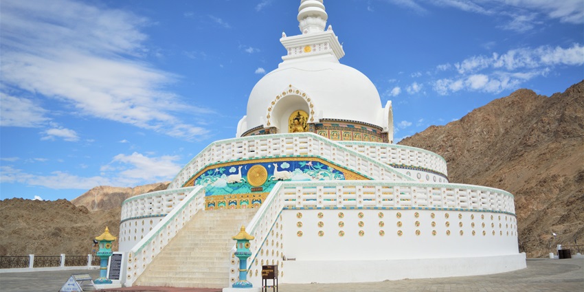 Shanti Stupa, a Buddhist shrine in the city of Leh, is a must-visit attraction in the state.