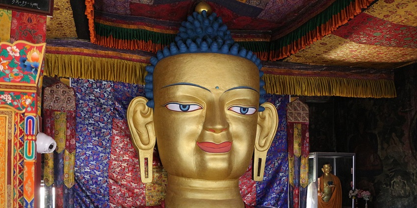 A large gold-plated statue of Shakyamuni Buddha placed at Shey Palace in Ladakh.