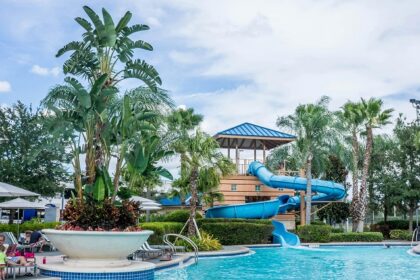 People enjoying a large swimming pool with slides and water features in a park setting.