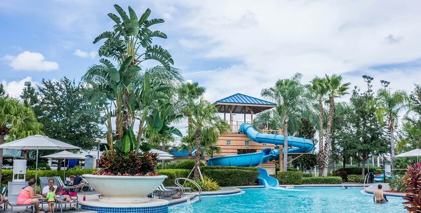 People enjoying a large swimming pool with slides and water features in a park setting.