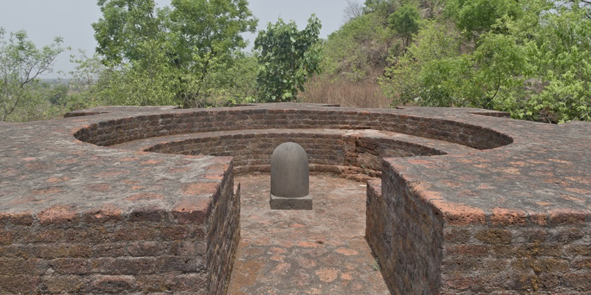 Shiva Linga rock formation surrounded by lush greenery symbolizing spiritual significance.