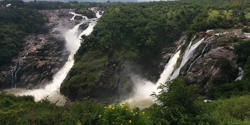 Shivanasamudra Falls showcases nature's beauty with water flow and lush surroundings.