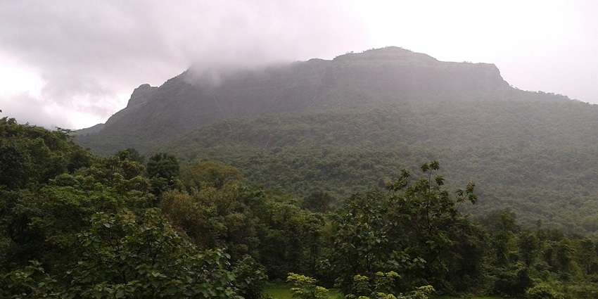 View of the Sahyadri Mountains, showcasing greenery and clouds near Shivthar Ghalai