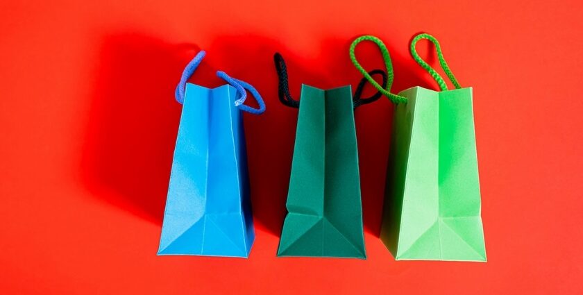 Snapshot of the shopping bags with the red background in the Shopping places in Alibaug