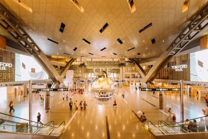 An inside view of a mall in Maharashtra with plush settings and bright coloured lights.